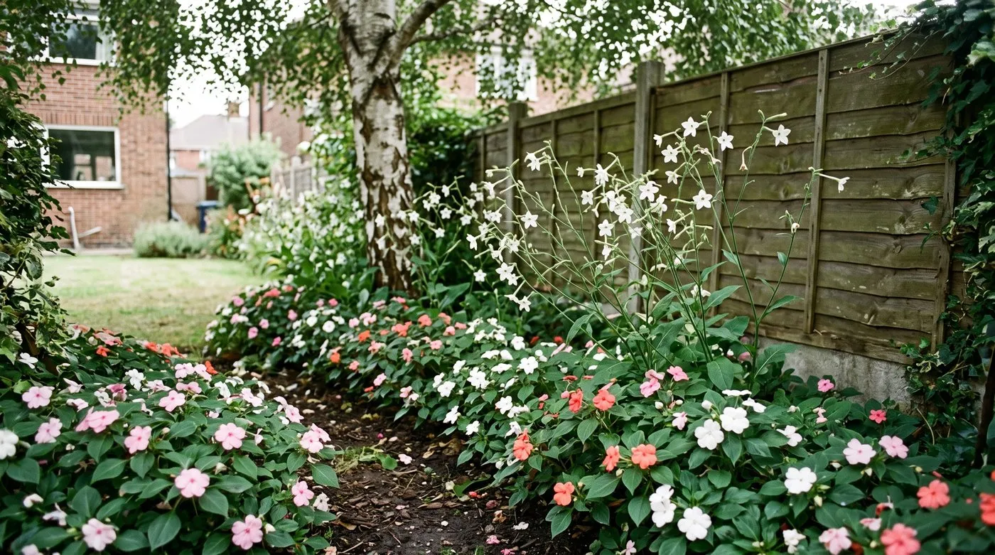 Busy lizzies and white nicotiana annual bedding plants flowering in a shady border under a tree