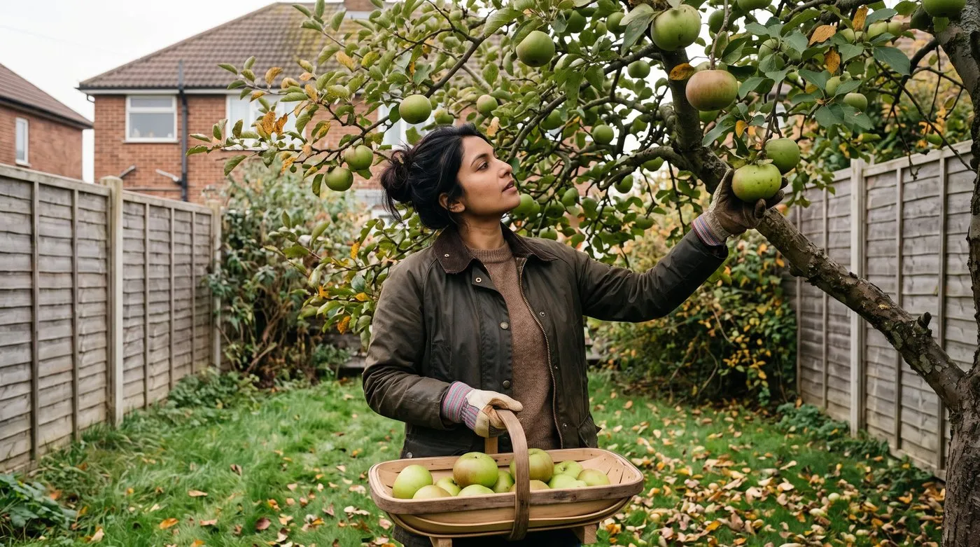 Woman picking large green Bramley cooking apples from a tree in a suburban back garden in October
