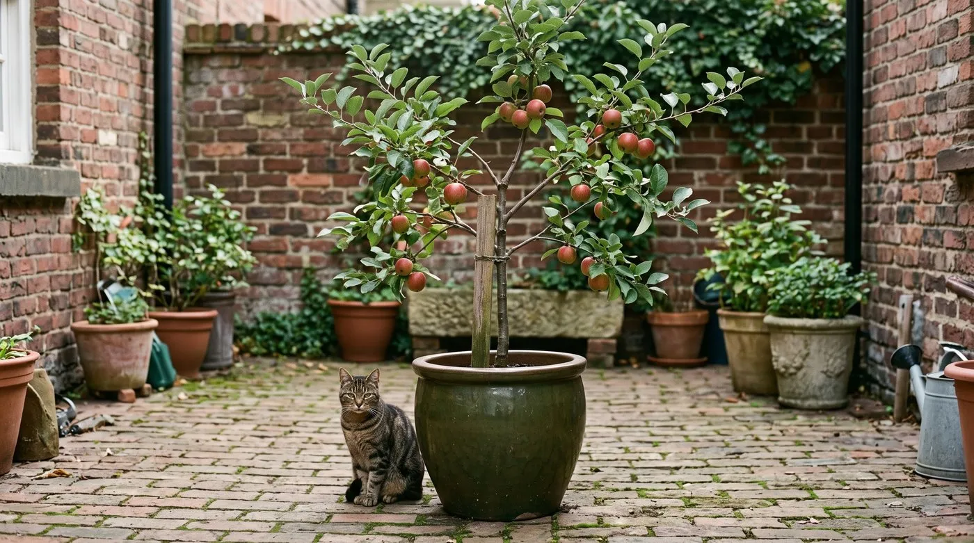 Dwarf apple tree with red apples in a large pot on a brick courtyard, with a tabby cat beside it