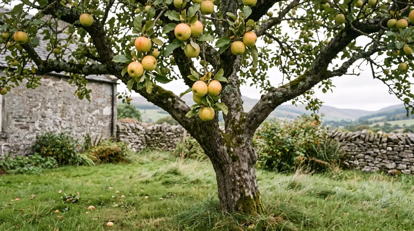 James Grieve apple tree with yellow and red-streaked apples in a Scottish garden in September