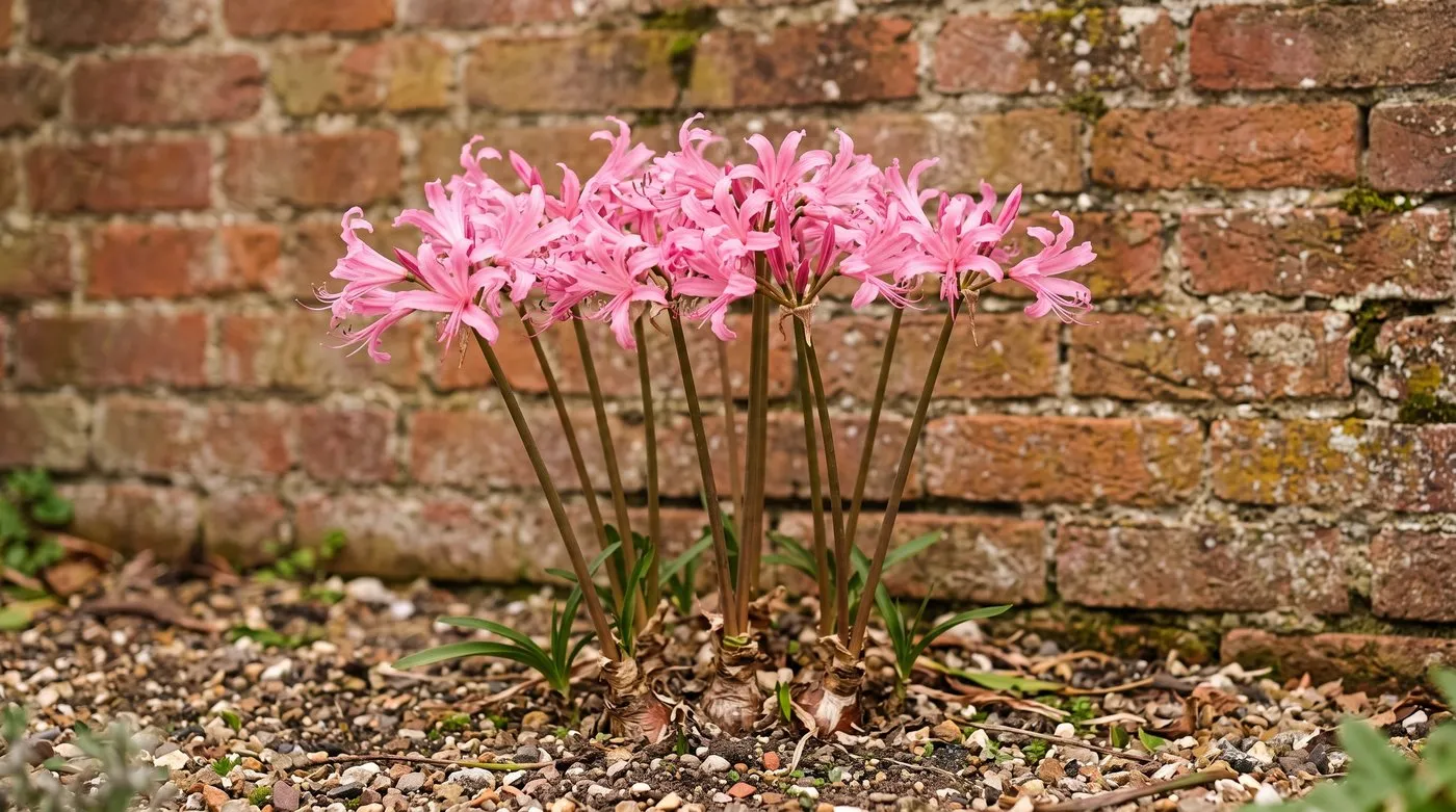 Pink Nerine bowdenii autumn flowers growing at the foot of a sunny brick wall in gravelly soil