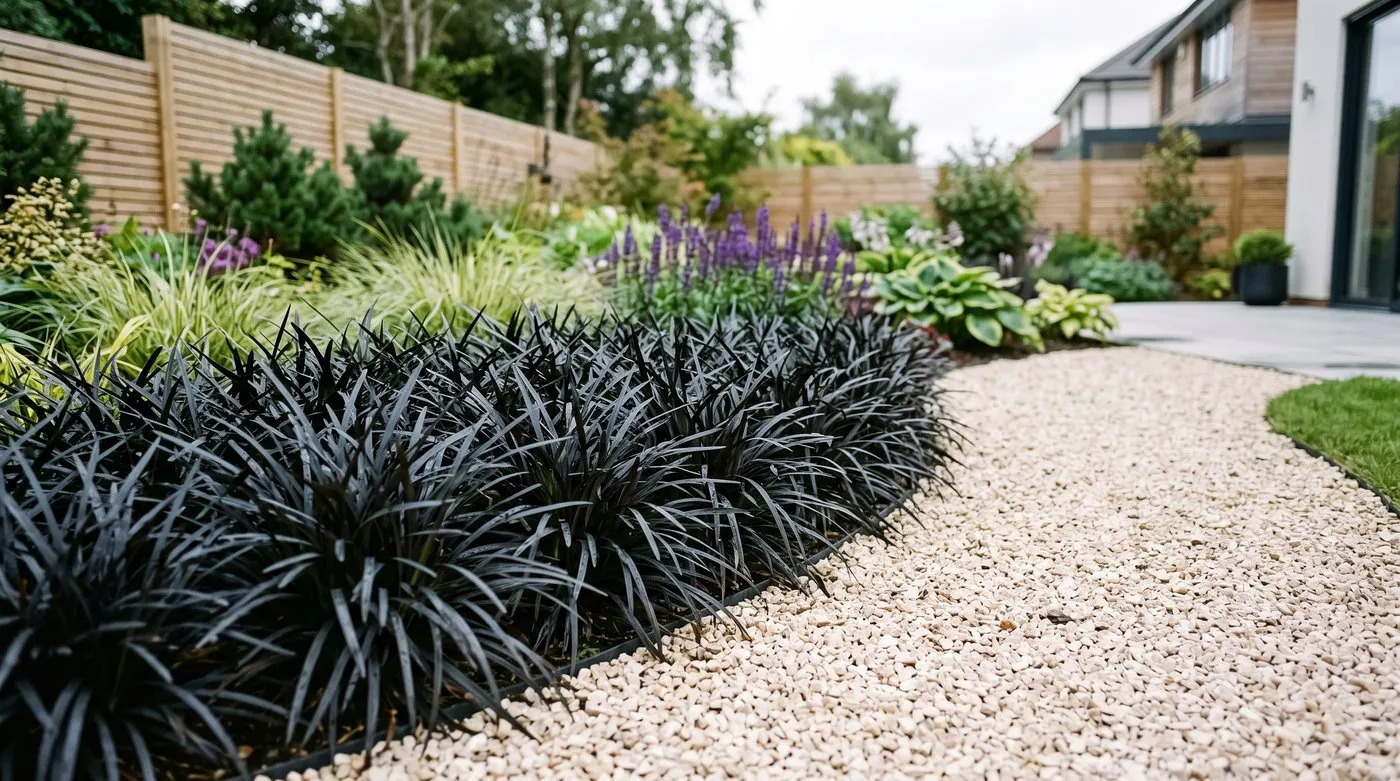 Dense clump of black mondo grass Ophiopogon Nigrescens edging a gravel path in a modern suburban garden