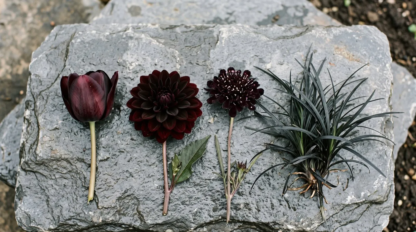 Comparison of near-black flowers and black mondo grass foliage laid out side by side to show how dark each one really reads