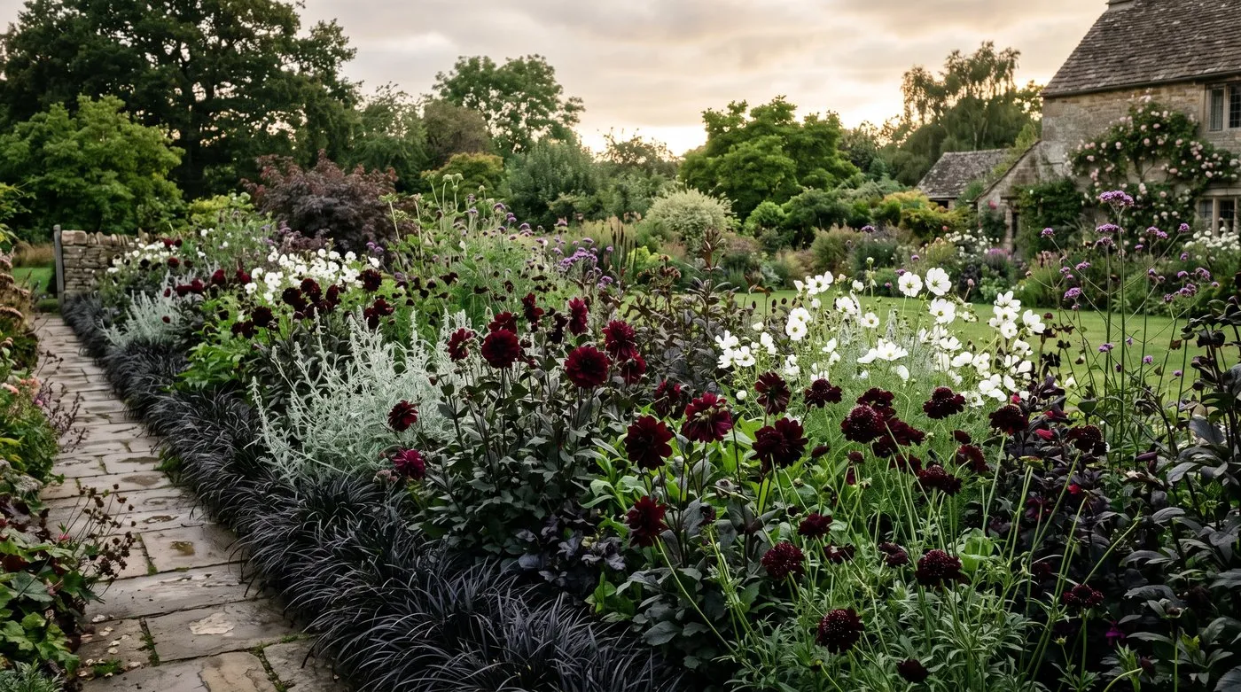 Wide view of a moody gothic border in a country garden with dark dahlias, black mondo grass and silver foliage in late summer