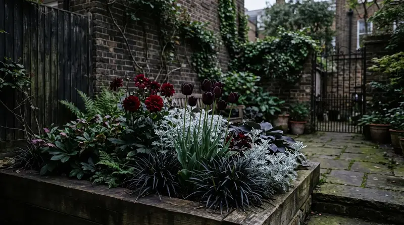 Near-black tulips, dahlias and black mondo grass in a moody gothic UK garden border with silver foliage foil
