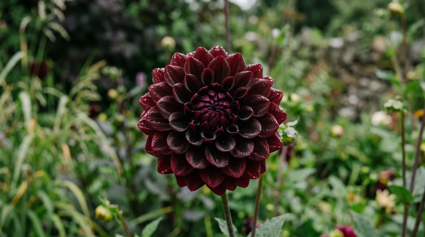 Dark red-black Dahlia Karma Choc flower photographed close up showing the oxblood undertone in the petals
