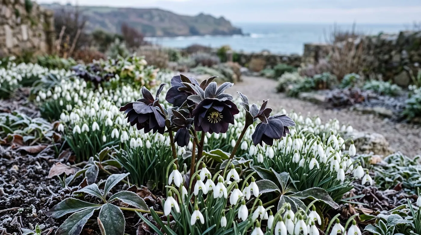 Double slate-black Helleborus Onyx Odyssey flowering among snowdrops in a Cornish coastal garden in late winter