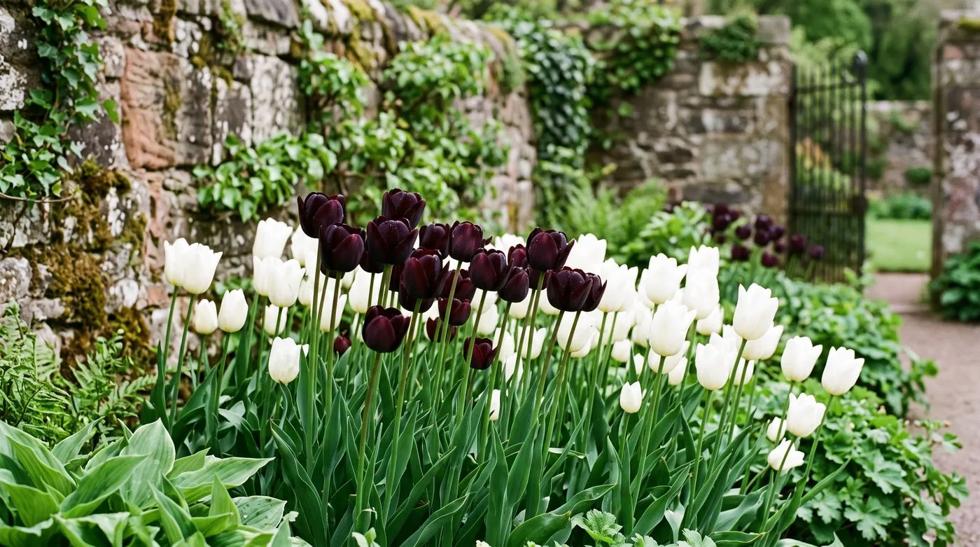 Deep black-maroon Tulip Queen of Night flowering beside pale white tulips in a Scottish walled spring garden