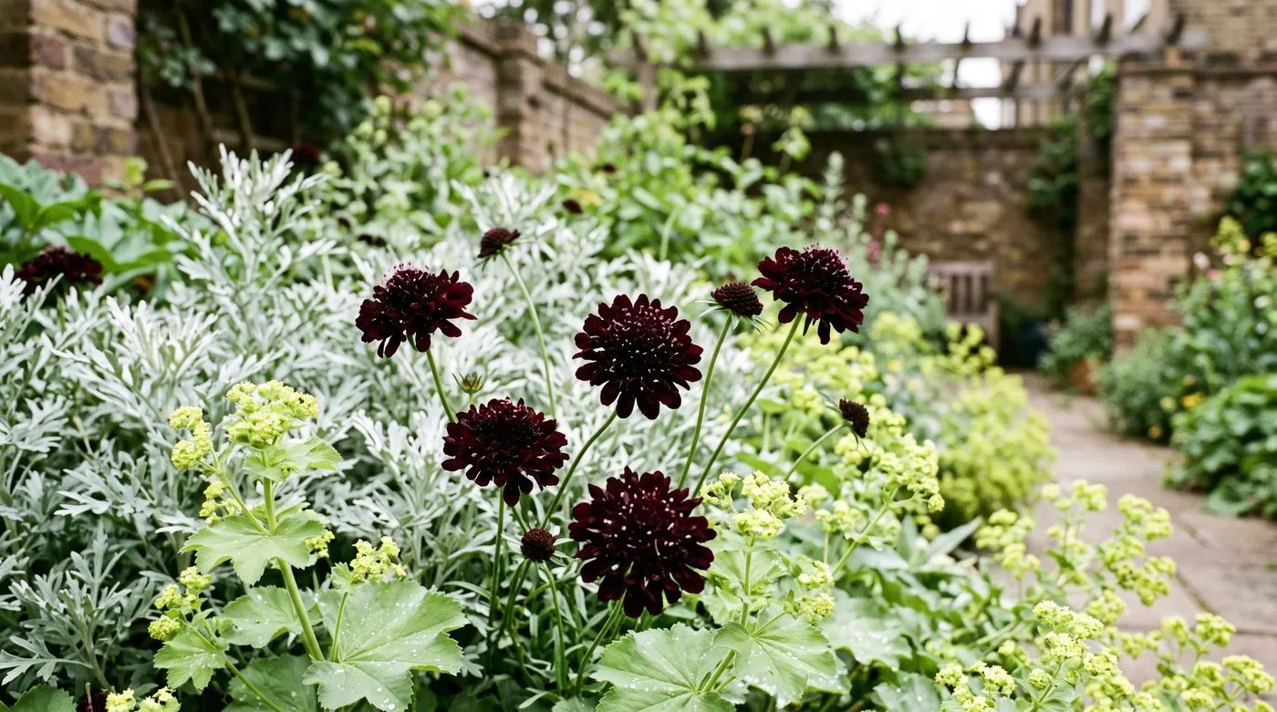Dark scabious flowers set against silver Artemisia and lime Alchemilla foliage showing how a pale foil makes black flowers stand out