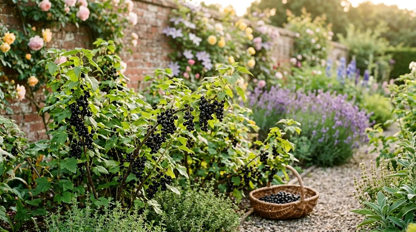 Best blackcurrant varieties UK gardeners can plant, mature bushes laden with ripe fruit in an English kitchen garden