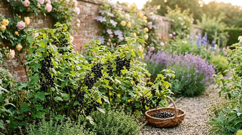 Best blackcurrant varieties UK gardeners can plant, mature bushes laden with ripe fruit in an English kitchen garden