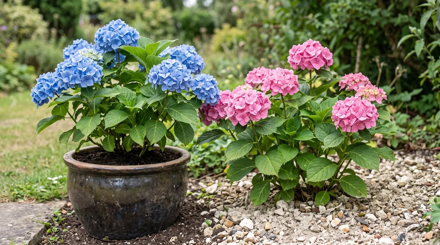 Blue hydrangea from an ericaceous pot beside a pink hydrangea of the same kind growing in chalky soil