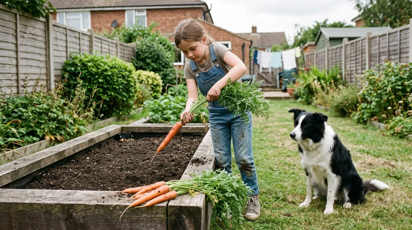 Girl pulling a long, slender orange carrot from a deep raised bed while a collie watches