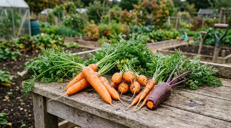 Freshly lifted orange, purple, baby and maincrop carrot varieties on a British allotment bench
