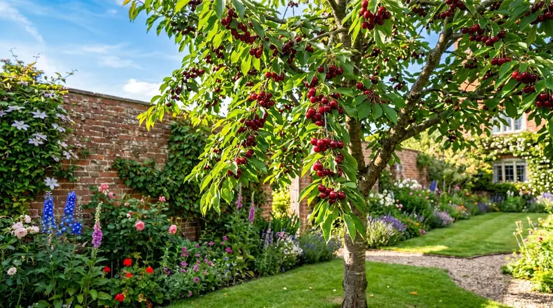 A mature UK garden cherry tree heavy with glossy ripe deep-red sweet cherries against a blue July sky