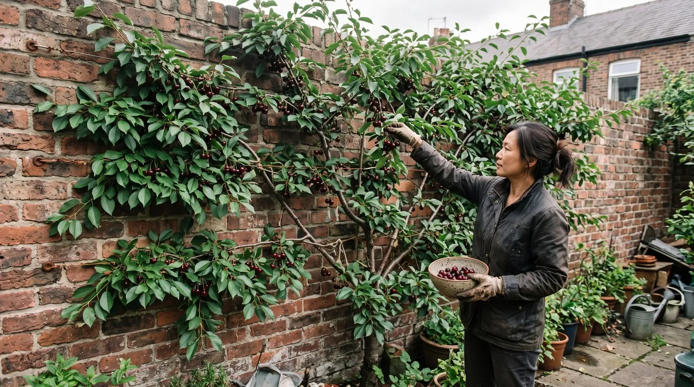 Woman picking dark red Morello cherries from a fan-trained tree on a shady north-facing brick wall
