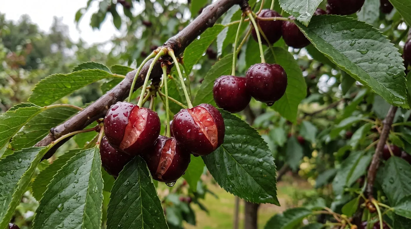 Ripe dark red cherries with split skins after rain beside undamaged cherries on the branch