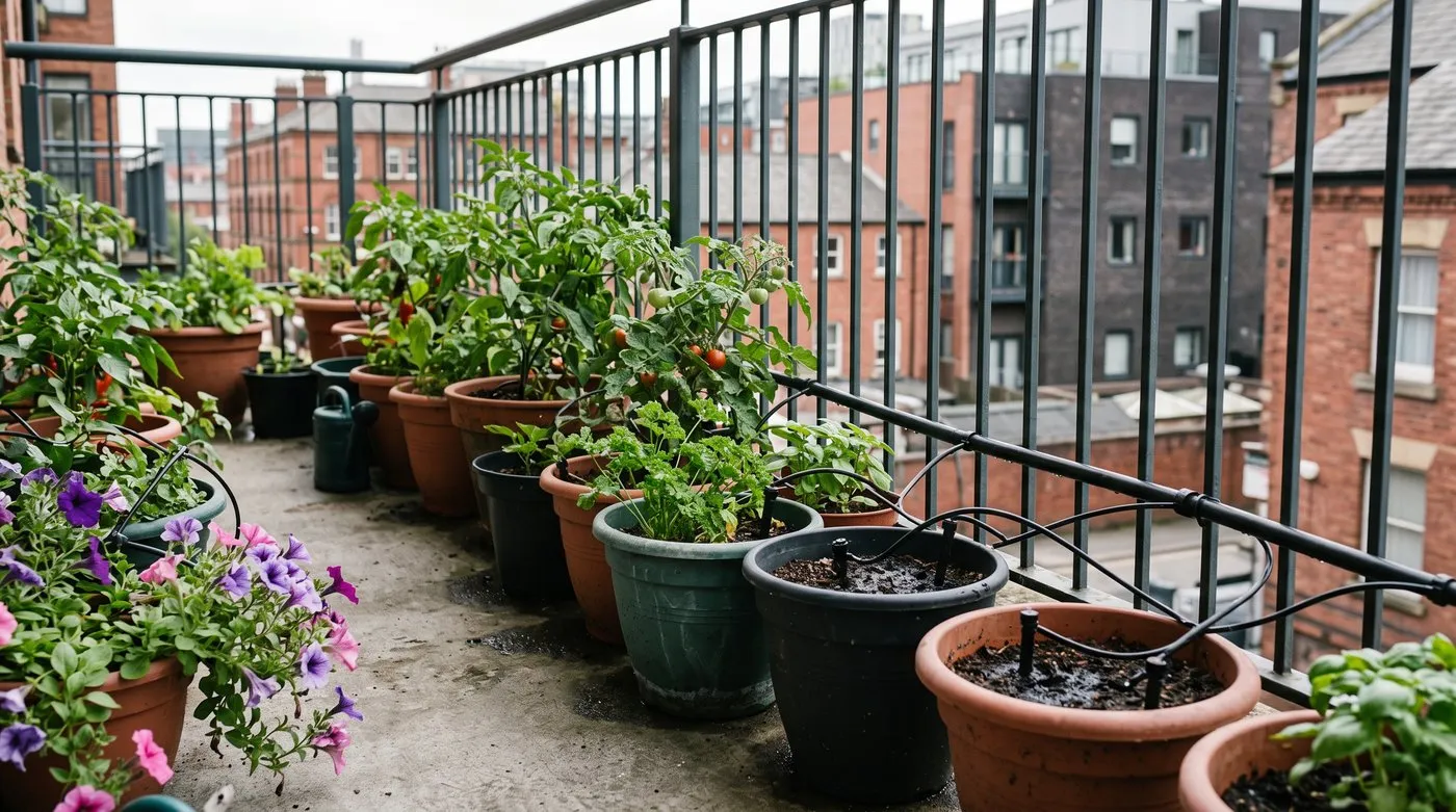 Balcony pots of tomatoes, chillies and herbs, each watered by a thin micro-drip tube