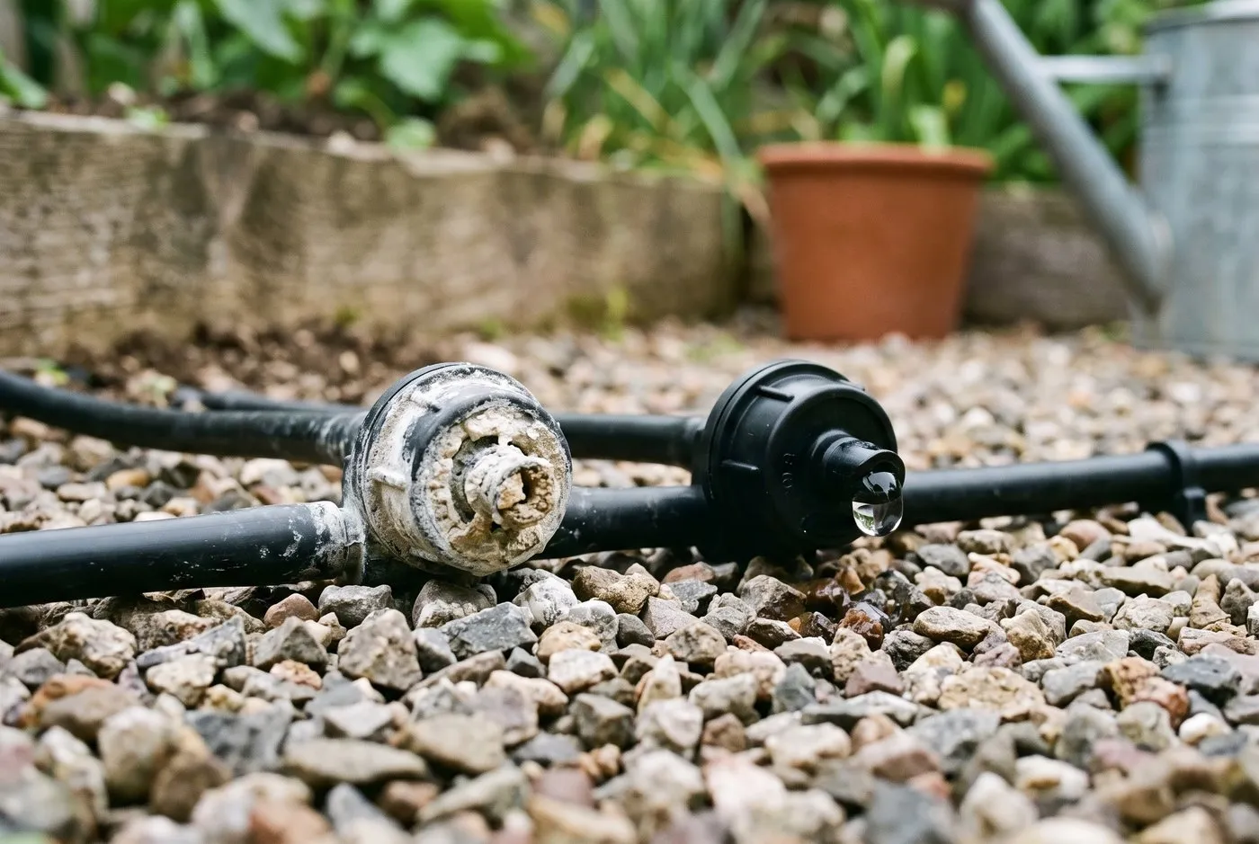 A blocked drip irrigation emitter beside a clean one, showing limescale on the outlet in a hard-water UK garden