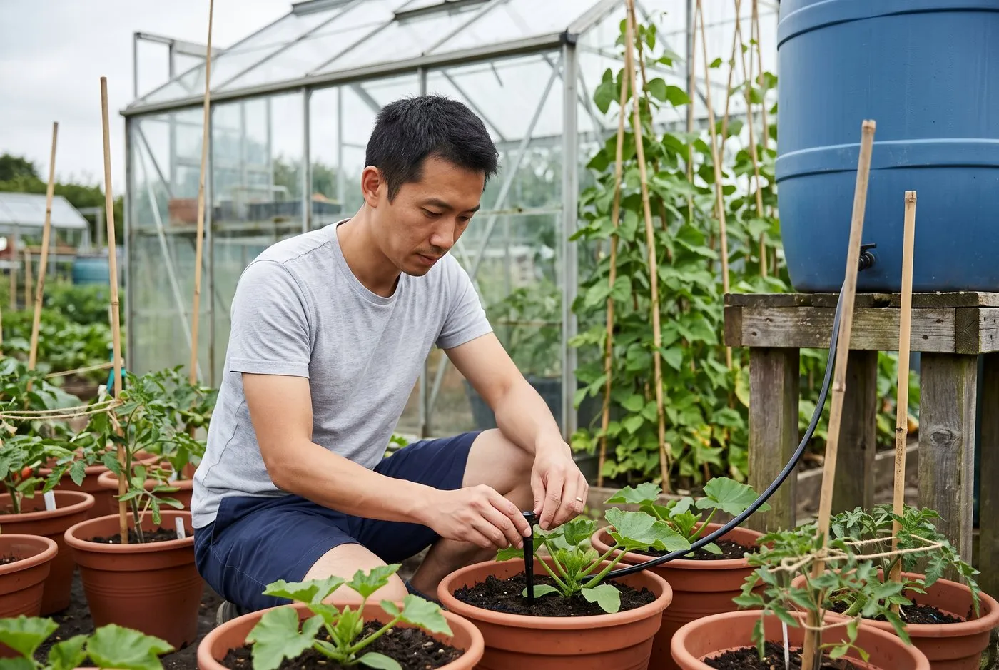 A man pushing a drip irrigation emitter into a potted courgette beside a raised water butt on a UK allotment