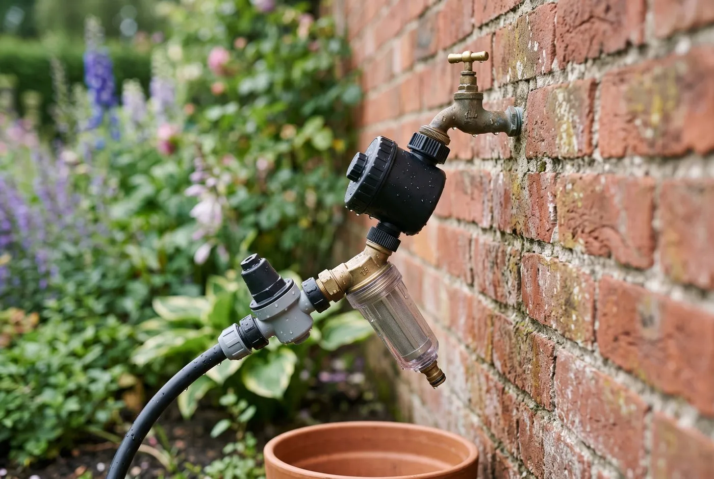 Drip irrigation filter and pressure reducer fitted to an outdoor brick-wall tap in a Midlands cottage garden