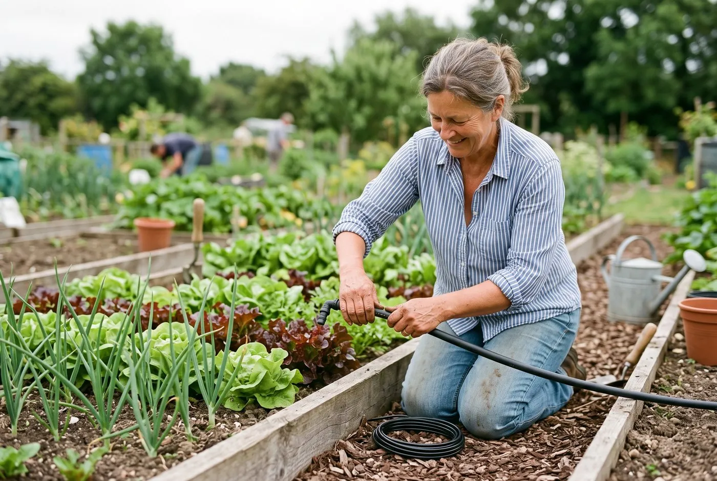 A woman in her fifties connecting a barbed elbow to a drip irrigation supply pipe on a UK allotment bed