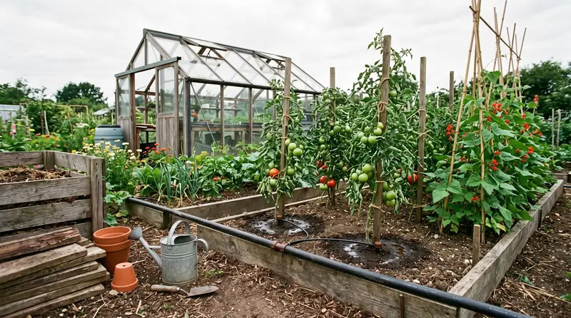 Drip irrigation kit with 13mm supply pipe and drippers watering raised vegetable beds on a UK allotment