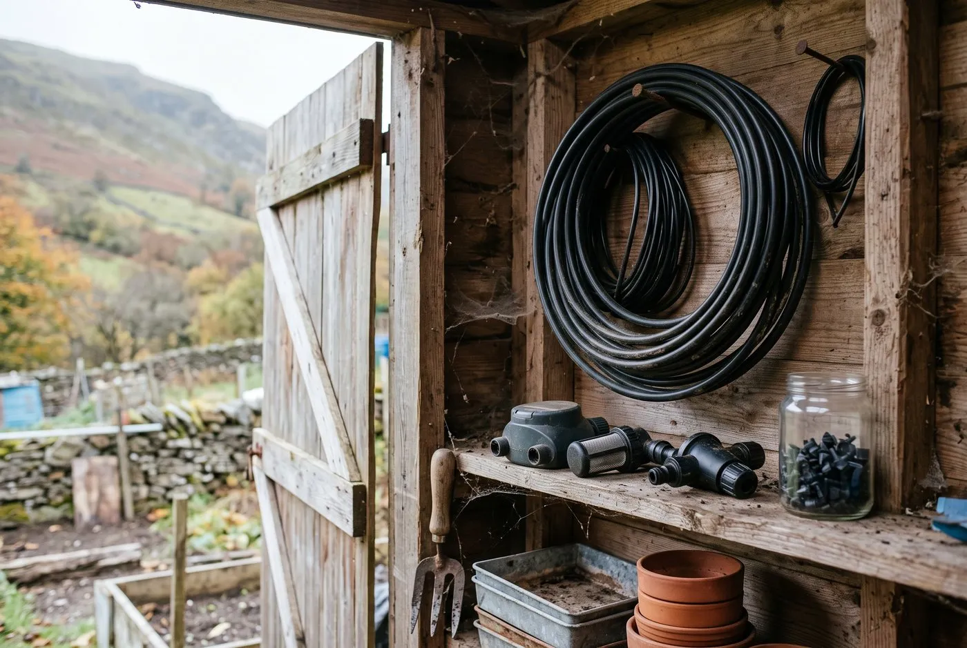 A drip irrigation kit disconnected and coiled loosely for winter storage in a shed on a Welsh hillside allotment