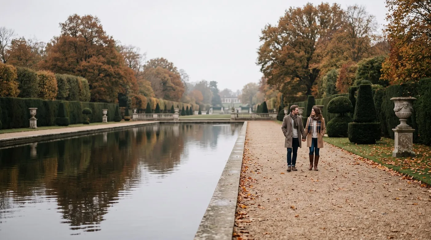 A formal water garden with a long reflecting pool and clipped hedges in autumn
