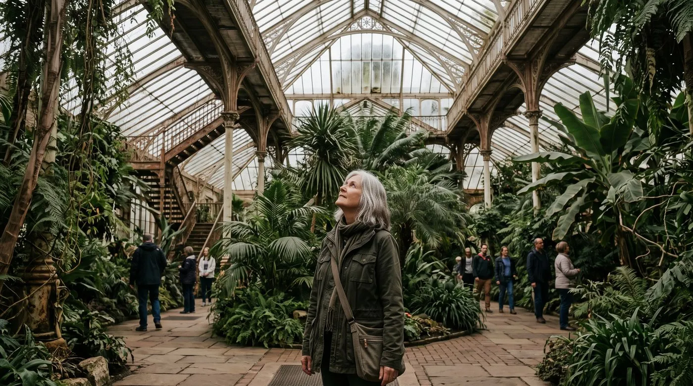 Visitors exploring a tall glasshouse full of palms at a botanic garden