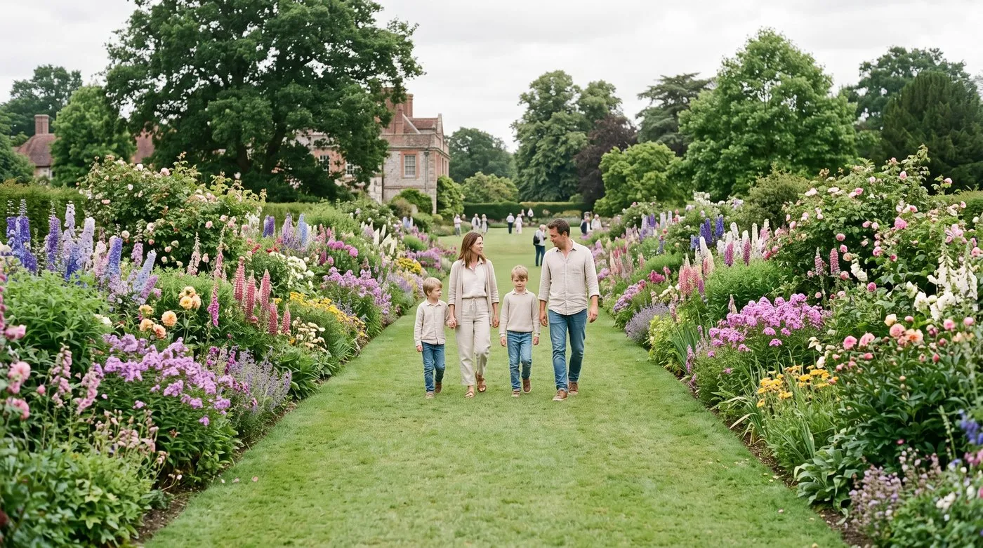 A family strolling past a long summer flower border at a large UK garden