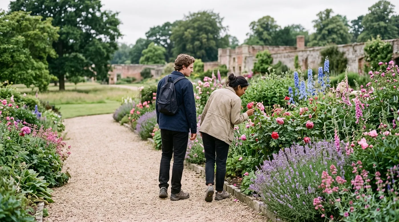 Couple in walking shoes strolling beside a deep summer flower border on a garden holiday