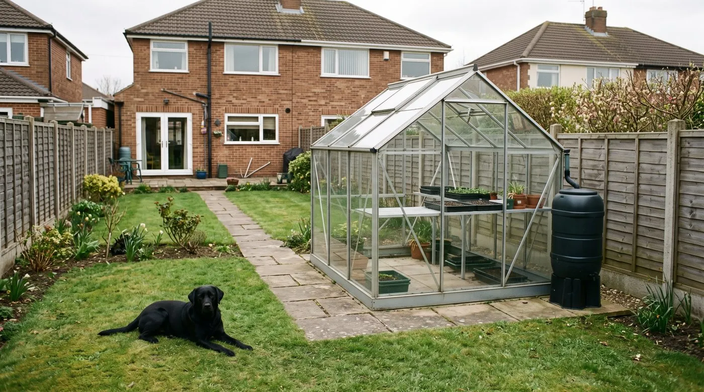 Aluminium greenhouse on a level base in an open sunny spot near the house, with a Labrador on the lawn
