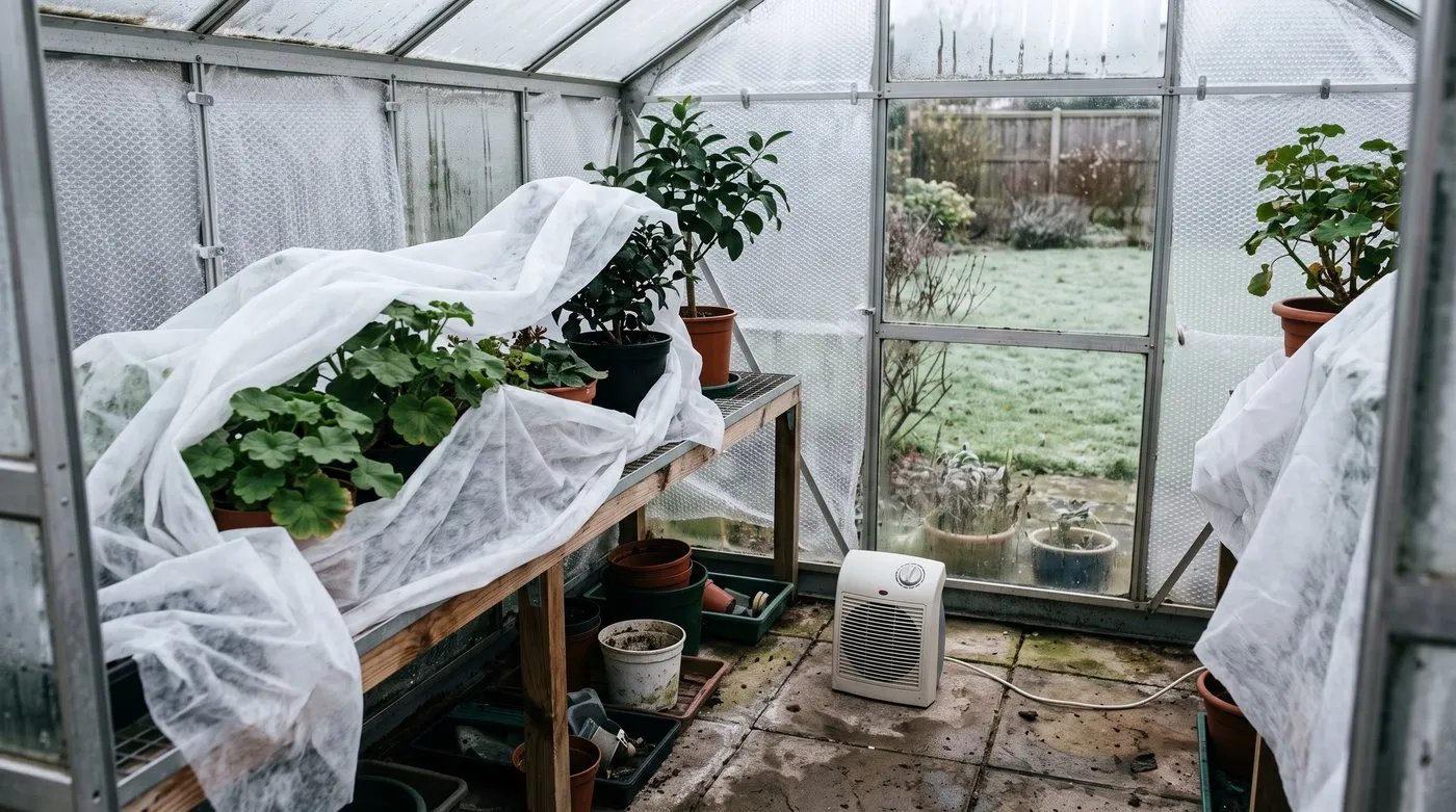 Greenhouse in winter with bubble insulation on the glass, a thermostat fan heater and fleece over tender plants