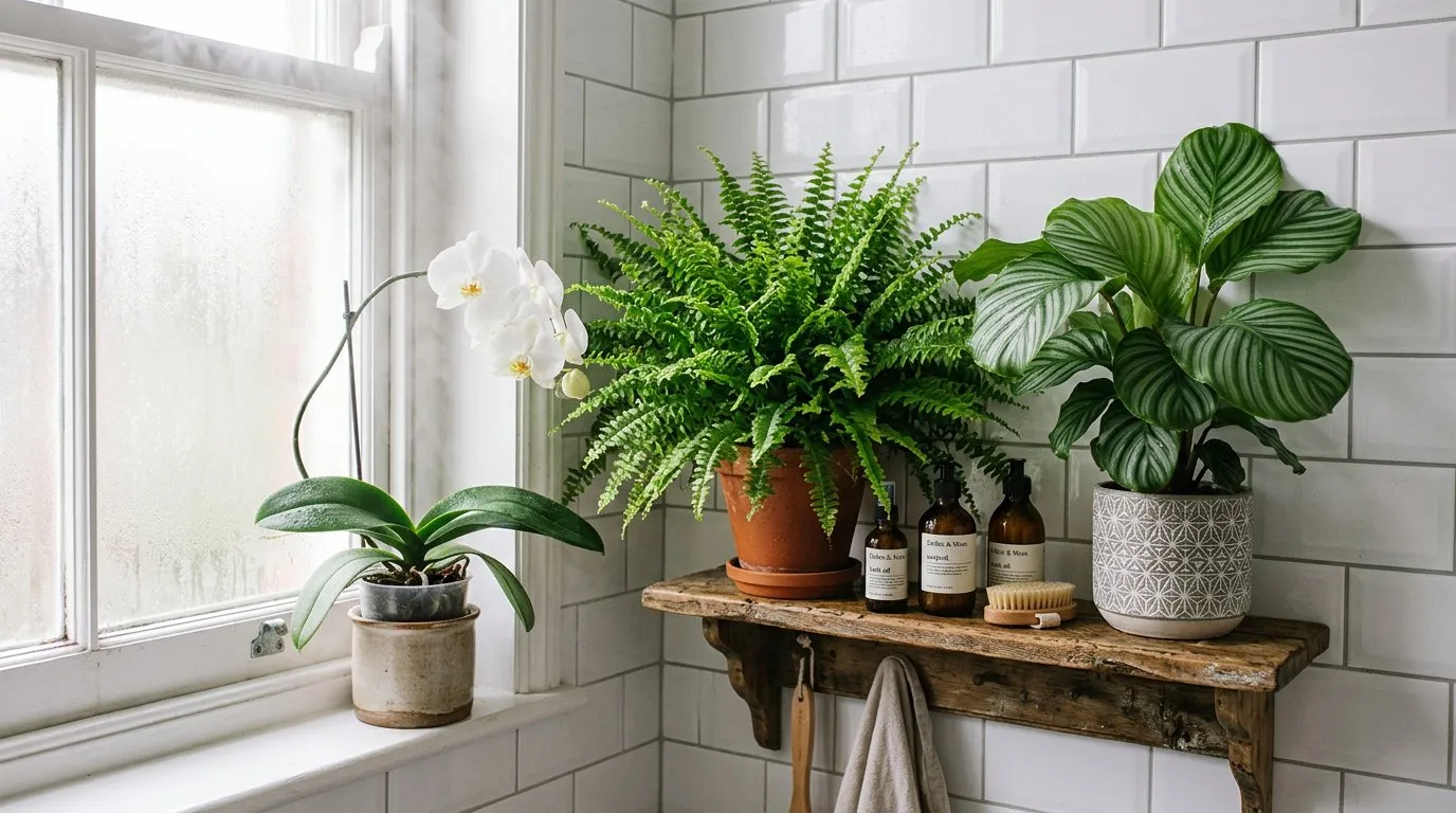 Humidity-loving houseplants on a UK bathroom shelf with a Boston fern, calathea, and orchid
