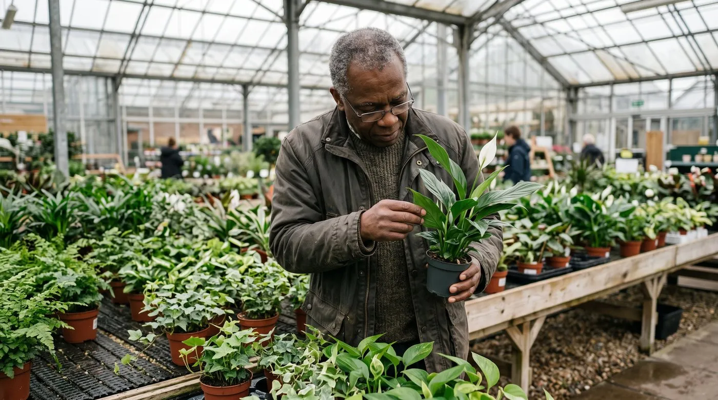 Man checking the underside of a peace lily leaf on a garden centre bench before buying