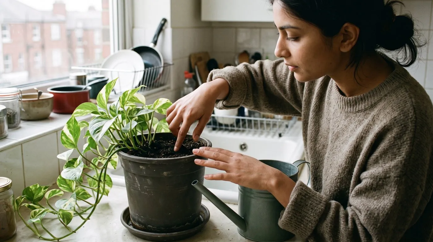Woman pushing a finger into the compost of a pothos to check whether it needs watering