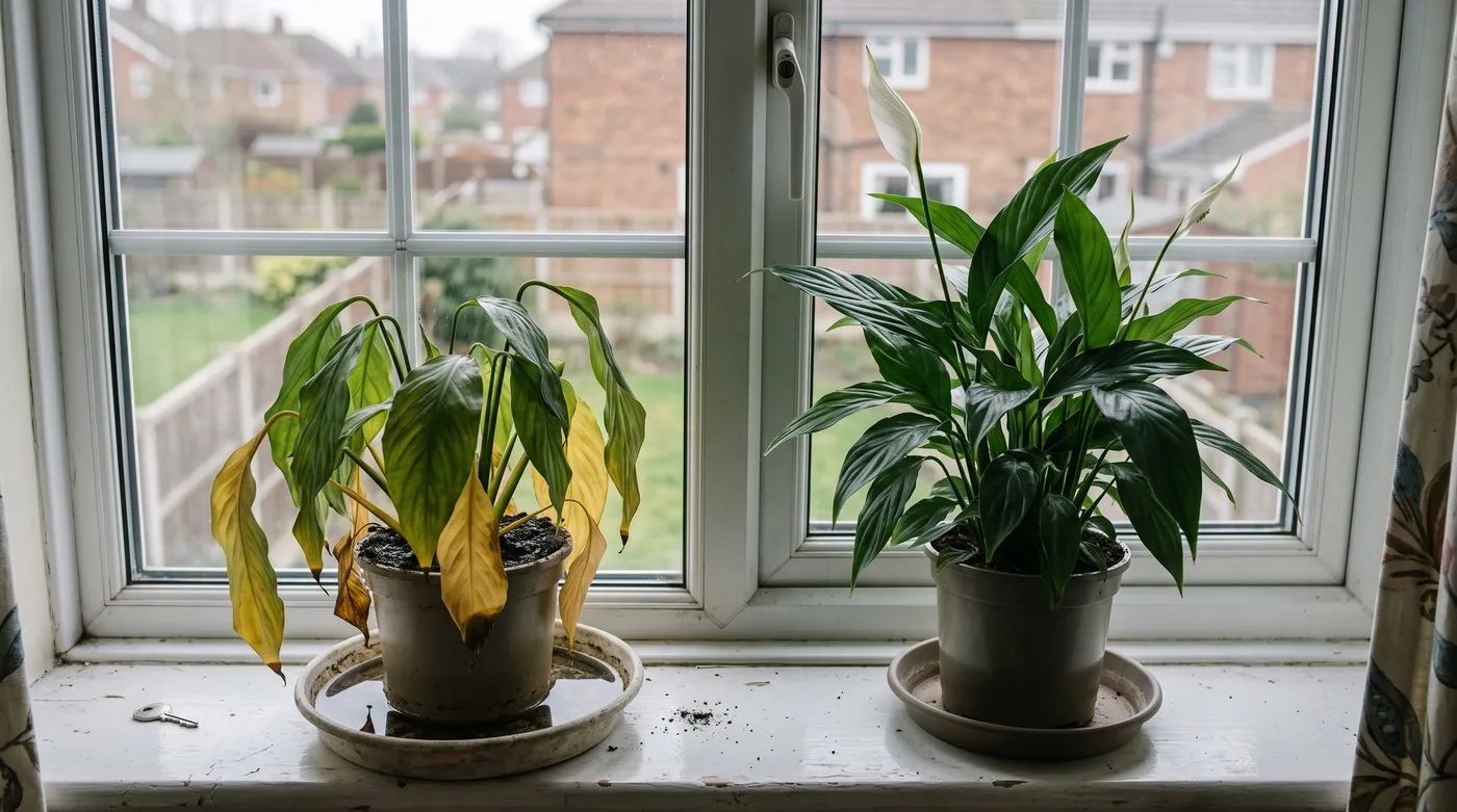 Overwatered peace lily with yellow leaves standing in a full saucer beside a healthy peace lily