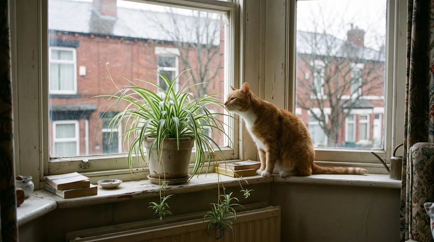 Ginger cat sniffing the striped leaves of a spider plant on a living room windowsill