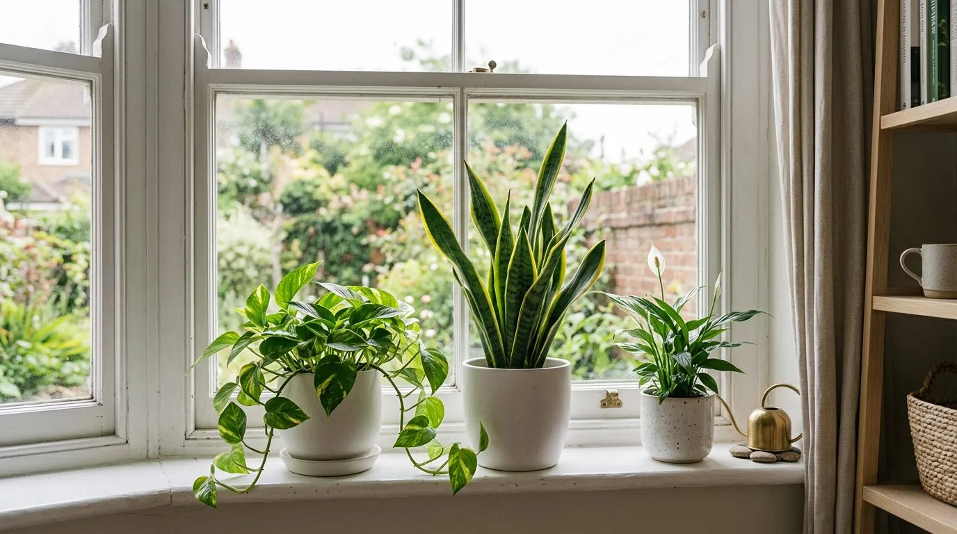 Beginner houseplants on a UK living room windowsill with a trailing pothos, snake plant, and peace lily