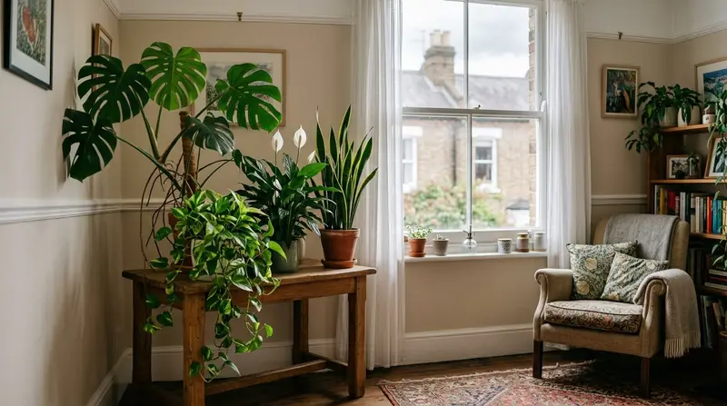 Bright UK living room with indoor plants including monstera, snake plant