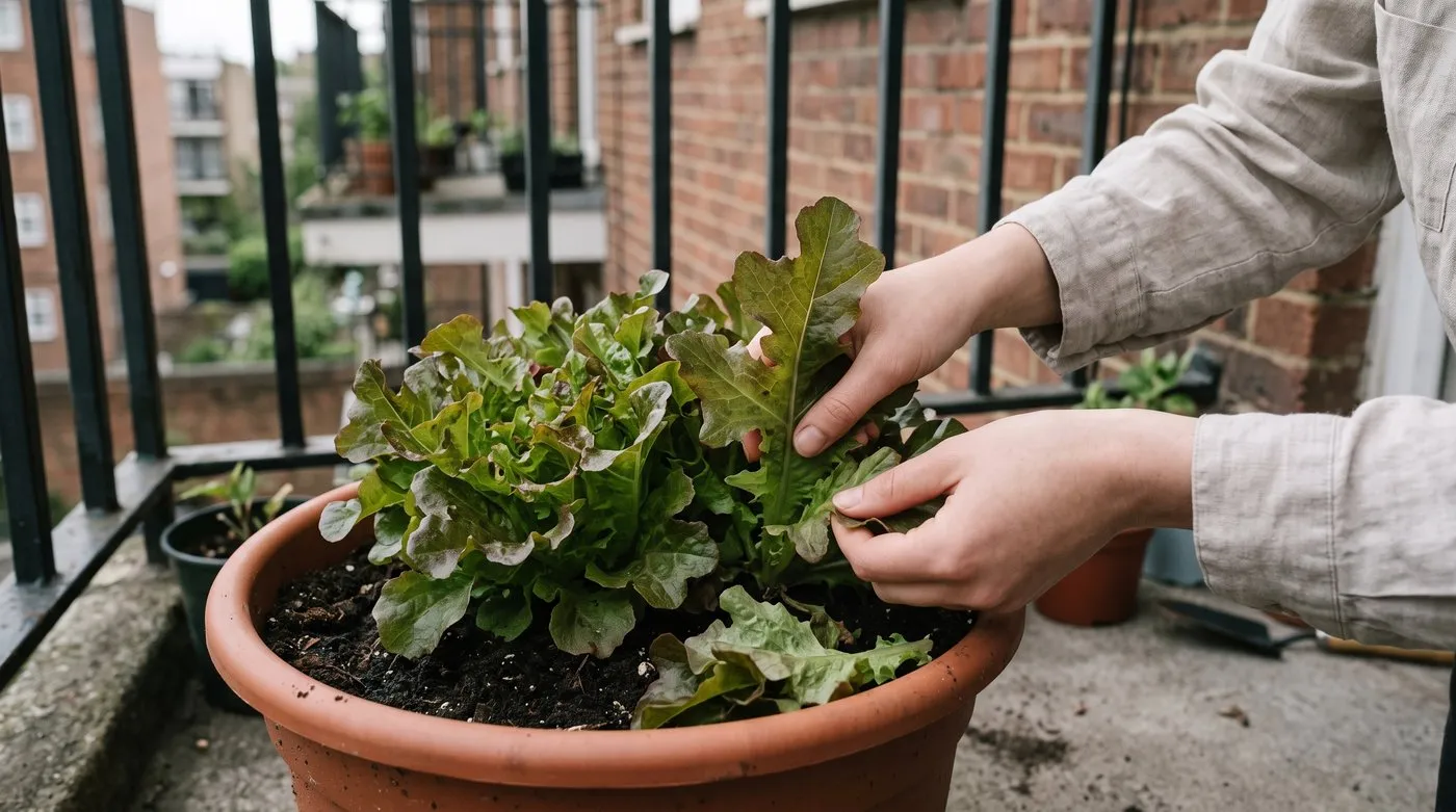 Hands picking outer leaves from Salad Bowl lettuce in a pot on a balcony