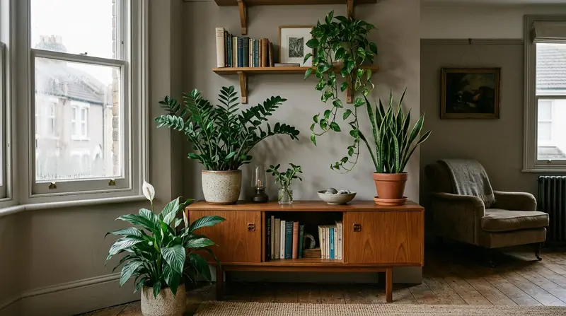 Collection of low-light houseplants including ZZ plant, pothos