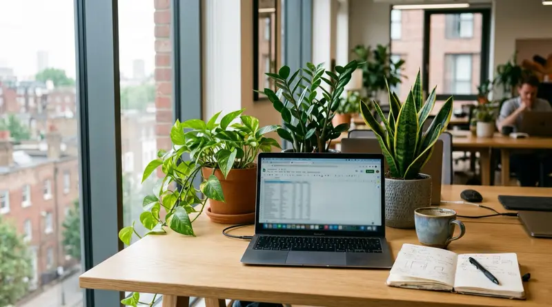 Snake plant, pothos and ZZ plant arranged on a modern UK office desk beside a laptop in natural window light