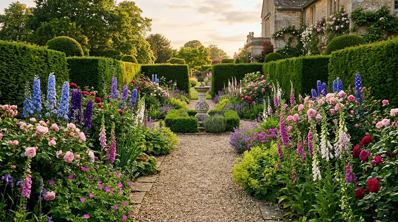 Formal English open garden with deep herbaceous borders and clipped yew hedges in summer