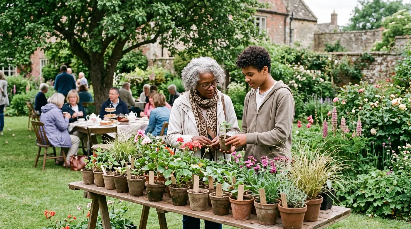 Grandmother and grandson choosing plants from a garden open day plant sale, with teas served behind