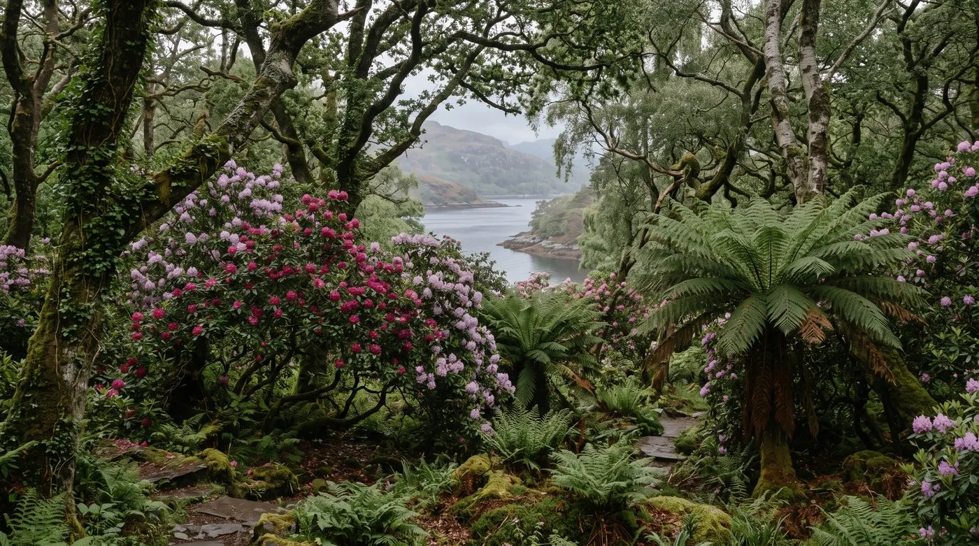 A sheltered Scottish woodland garden with rhododendrons beside a sea loch