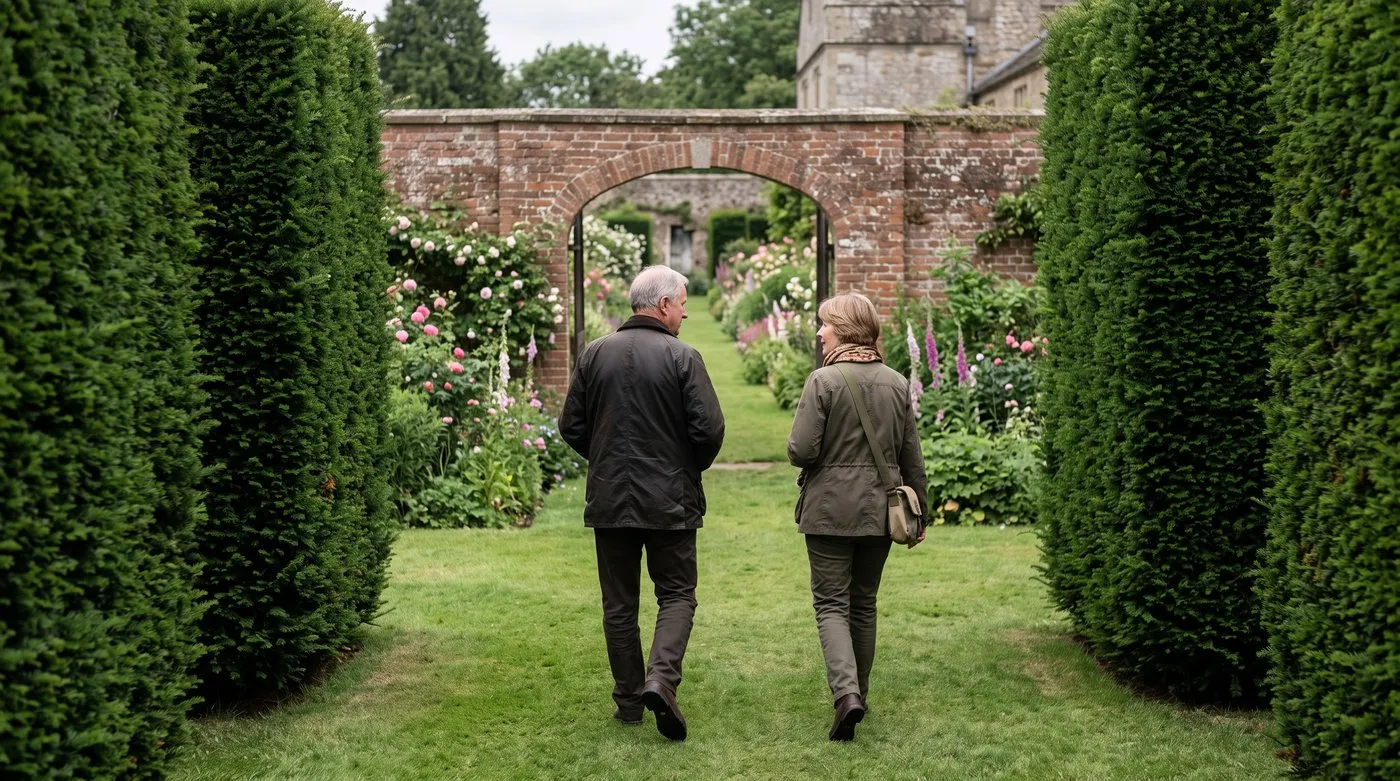 Visitors walking between tall yew hedges into a walled flower garden