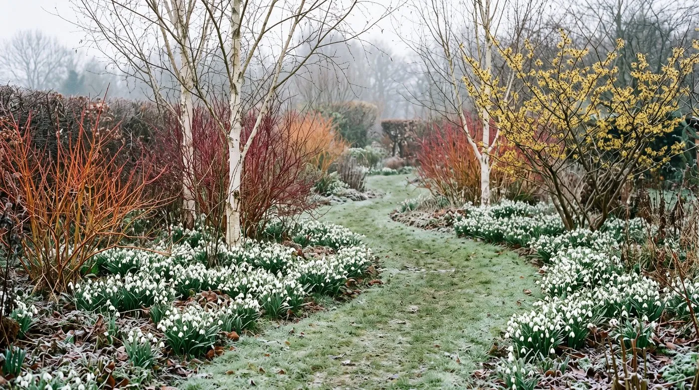 Snowdrops beneath red-stemmed dogwoods and white birches in a winter garden open to visitors in February