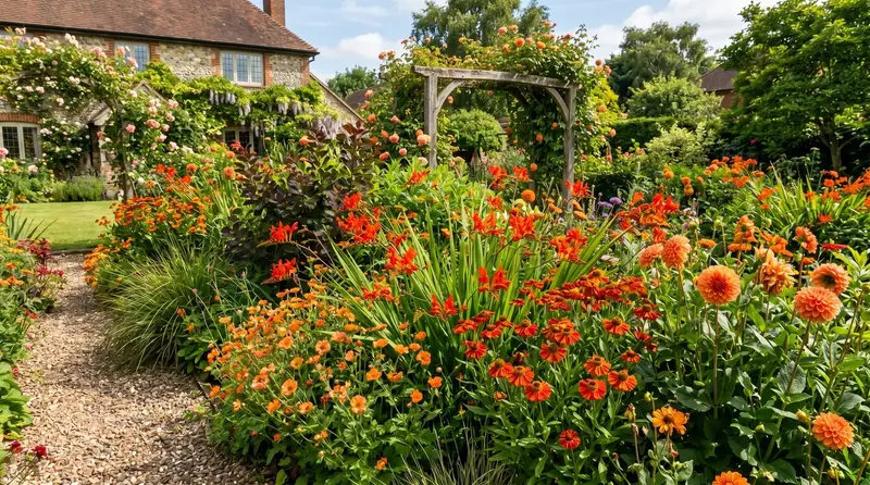 Orange crocosmia, geums, heleniums and dahlias massed in a hot UK garden border in summer